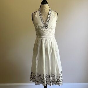 White Halter Dress with Black Embroidery